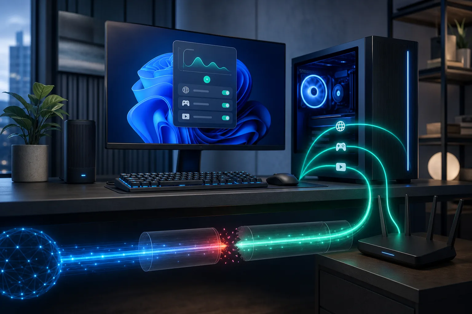 Ordinateur Windows protégé par un tunnel VPN et un coupe-circuit réseau